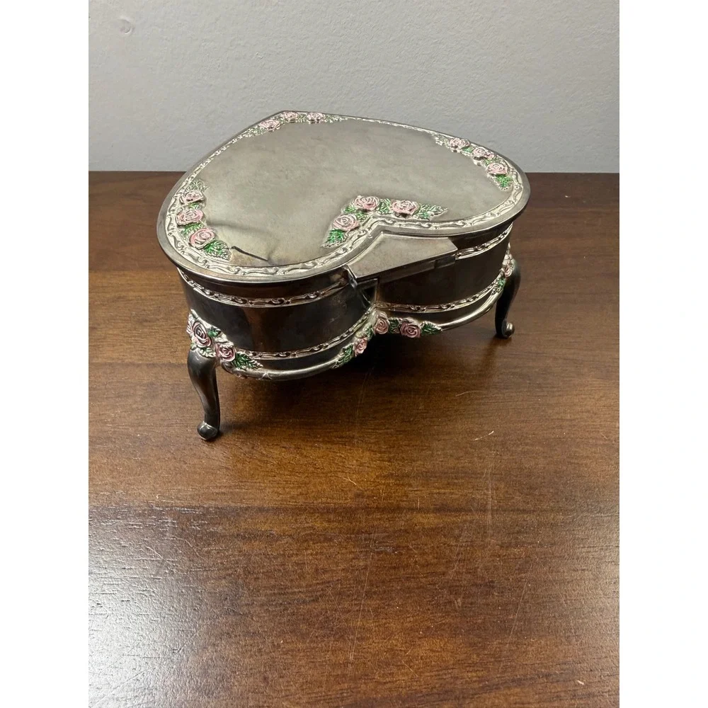 Vintage Heart Shaped Jewelry Box Silver Tone Pink Enamel Roses Footed Trink Box